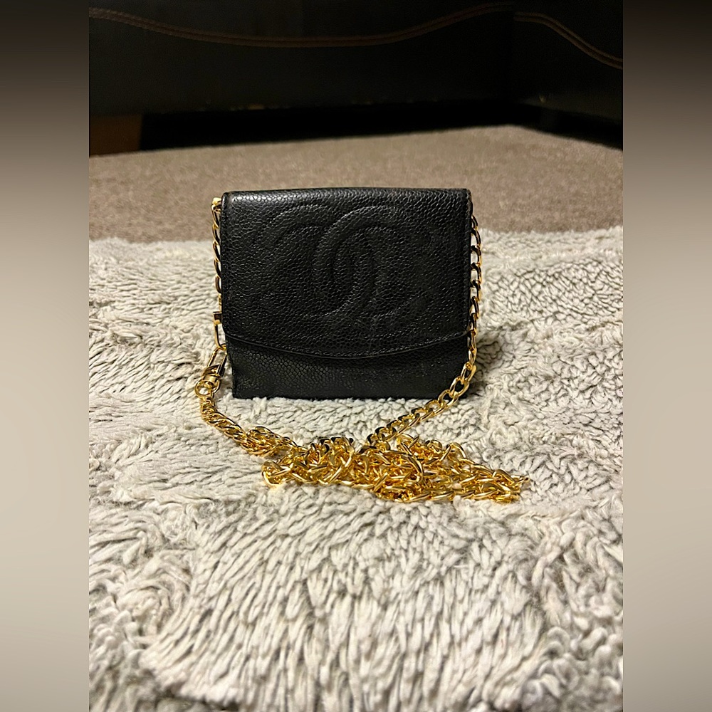Black Chanel leather wallet on a chain authentic